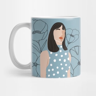 Fashion collage with abstract woman portrait and continuous flowers. Mid century Silhouette. Mug